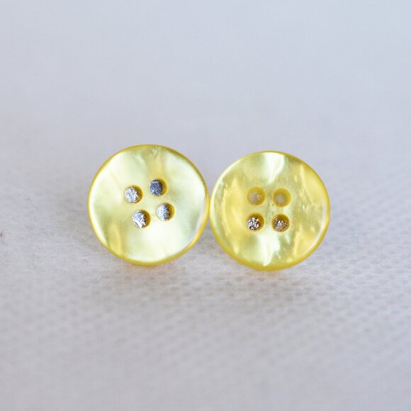 Handmade Shiny Yellow Button Stud Earrings - Picture 2 of 7